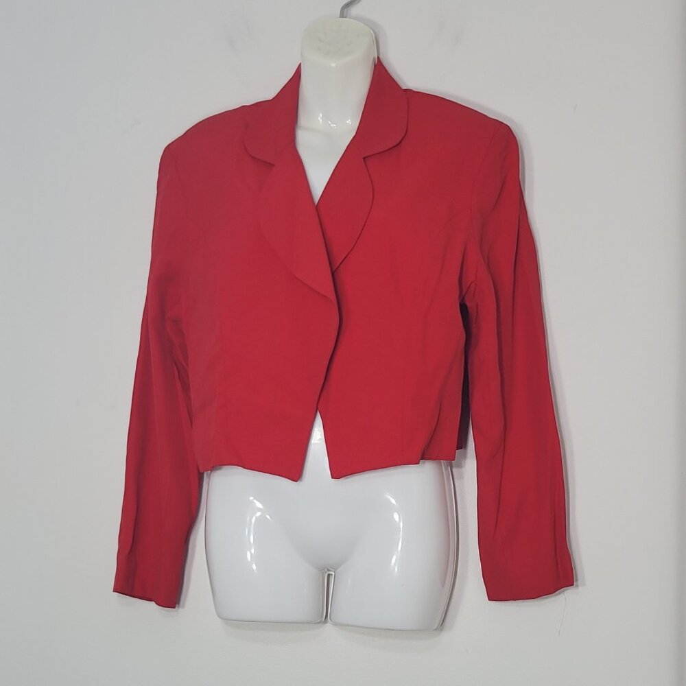 Sophisticate Vintage Red Open Front Cropped Gold Buttons Blazer Jacket Plus Size